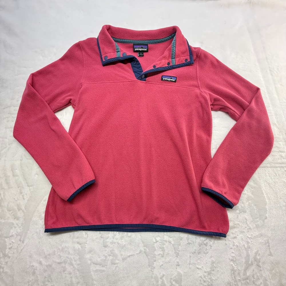 Patagonia Pullover Women's Medium Micro D Snap T Fleece Pink Hue Blue Trim Small